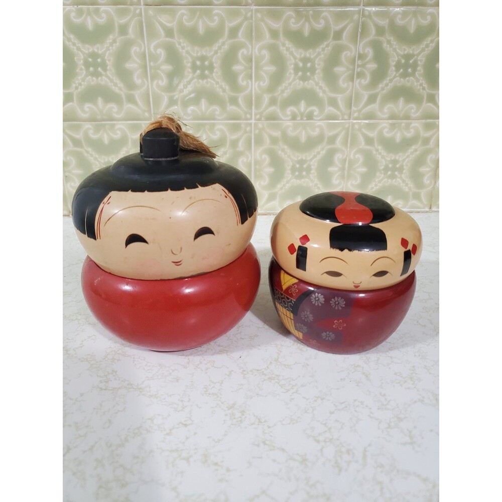 Vintage Japanese Lacquer Kokeshi Trinket Boxes With Lids Set of 2